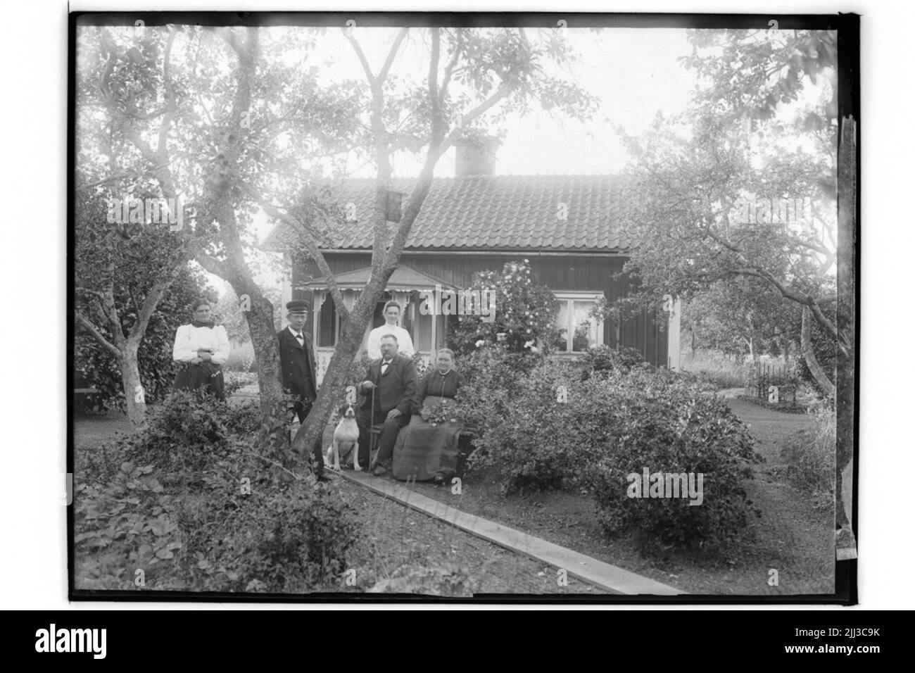 Einzelhaus, 5 Personen und ein Hund. Larsson Stockfoto
