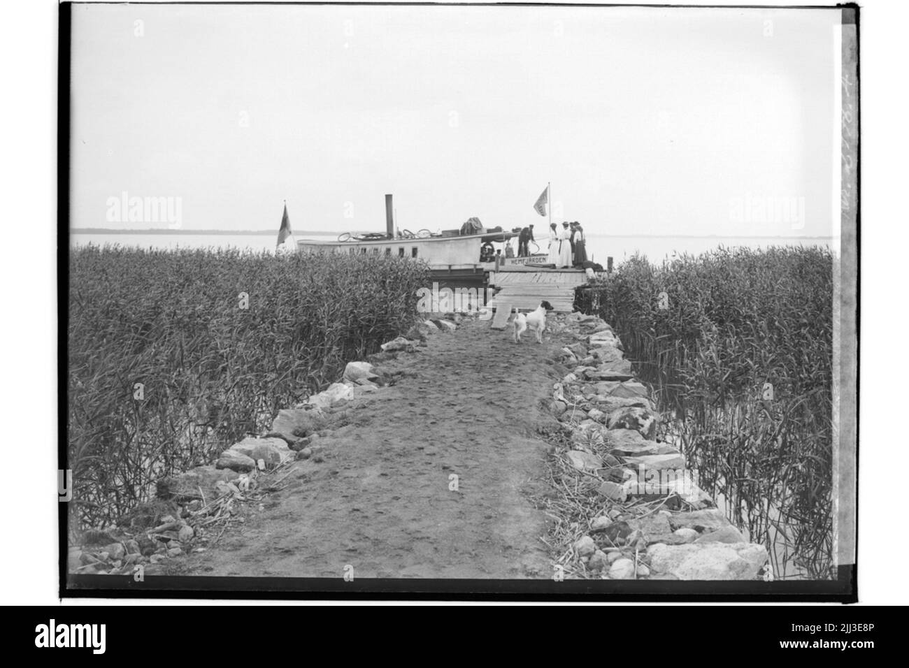 Ekeby Brygga, Ångslupen Hemfjärden gibt die Brücke zu, holt Passagiere ab. Stockfoto