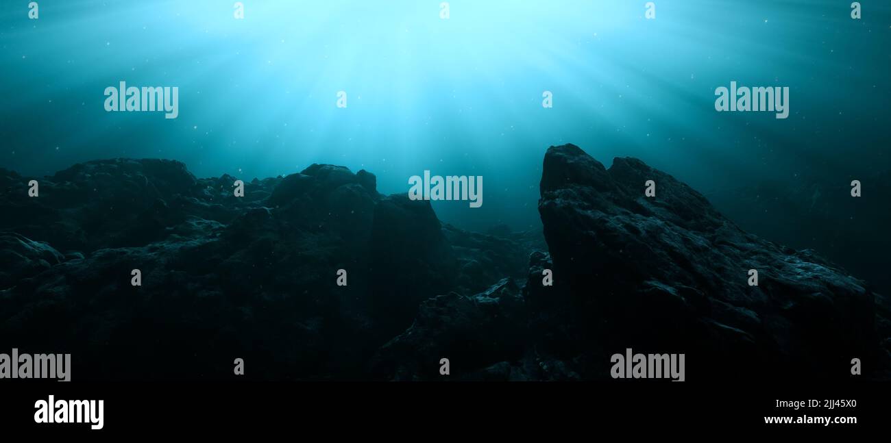 Zerklüftete Landschaft Gelände Unterwasser Dunkle Szene. Stockfoto