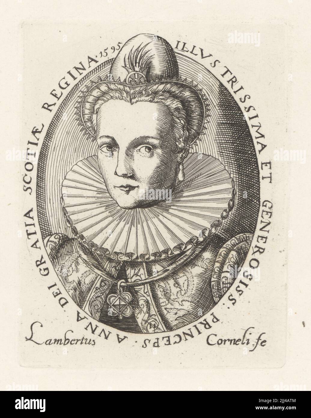 Anne von Dänemark, Königin von Schottland und England, 1574-1619. Ehefrau von König James VI. Von Schottland, später von James I. von England. Mit Hut, Ohrringen, Rüschenkragen, Brokatkleid. Princeps Anna Dei Gratia Scotiae Regina 1595. Kupferstich von Lambertus Corneli aus Samuel Woodburns Galerie für seltene Porträts, bestehend aus Originalplatten, George Jones, 102 St Martin’s Lane, London, 1816. Stockfoto