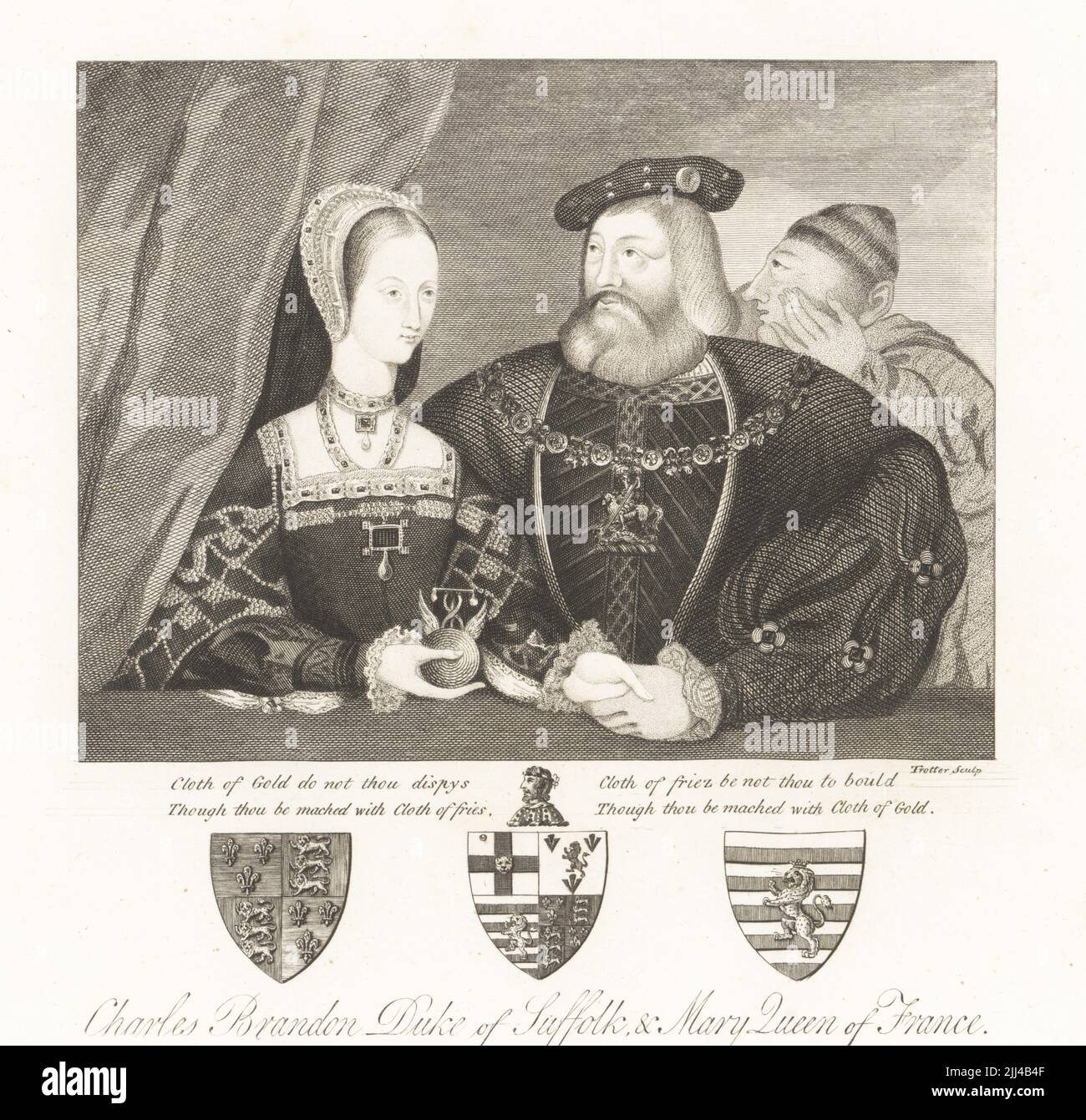 Charles Brandon, 1. Herzog von Suffolk, 1484-1546, und Mary Tudor, Königin von Frankreich, 1496-1533. Er in Hut, pelztem Mantel, Kragen des Kleides, sie in Kapuze, bekleidet Kleid, hält ein Emblem. Wappen darunter. Kopie des Hochzeitsportraits von 1515 mit zusätzlicher Figur, die Brandon ins Ohr flüstert, Tuch aus Gold ist nicht dein Streitstück, obwohl du mit einem Tuch aus Pommes gemacht wirst, Tuch aus Friese sei nicht zu bould, obwohl du mit einem Tuch aus Gold gemacht wirst. Aus dem Original im Besitz von Samuel Egerton Brydges. Kupferstich von Thomas Trotter nach einem Gemälde von Jan Gossaert aus Samu Stockfoto