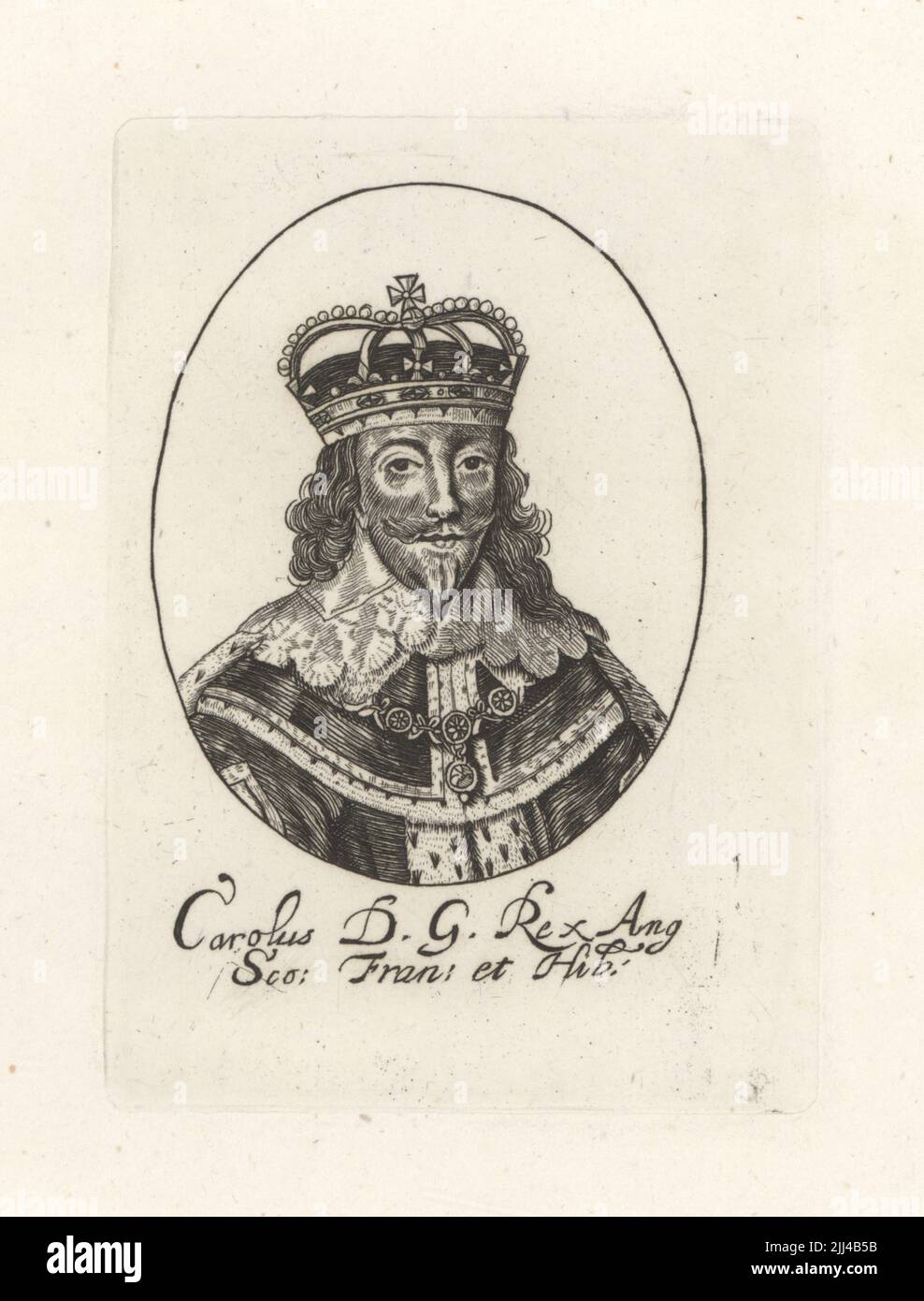 Ovales Porträt von König Karl I. von England, Schottland, Frankreich und Irland, 1600-1649. In Krone, Spitzenkragen, Hermelin Roben, mit Orden des Gewebes auf Band. Carolus DG Rex Ang SCO Fran et Hib. Aus William Faithornes Set of Kings. Kupferstich aus Samuel Woodburns Galerie für seltene Porträts, bestehend aus Originalplatten, George Jones, 102 St Martin’s Lane, London, 1816. Stockfoto