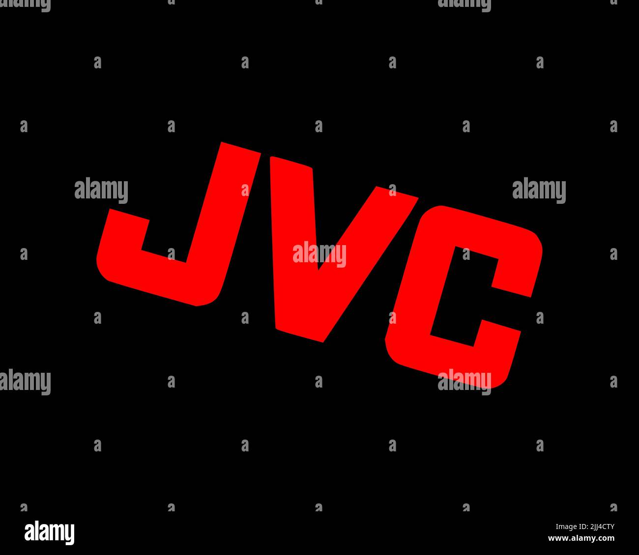 JVC, gedrehtes Logo, schwarzer Hintergrund B Stockfoto