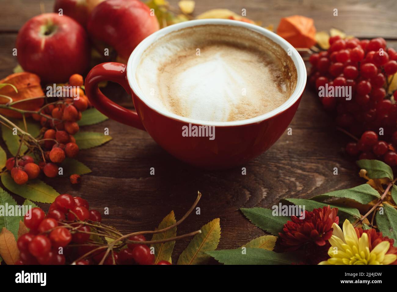 Herbstblätter und Beeren Hintergrund heißes Getränk Stockfoto