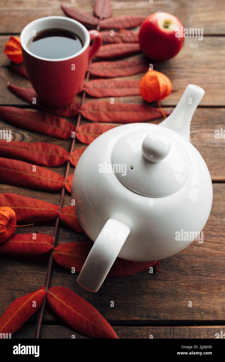 Heißer Tee Herbst Blatt Hintergrund Konzept Stockfoto