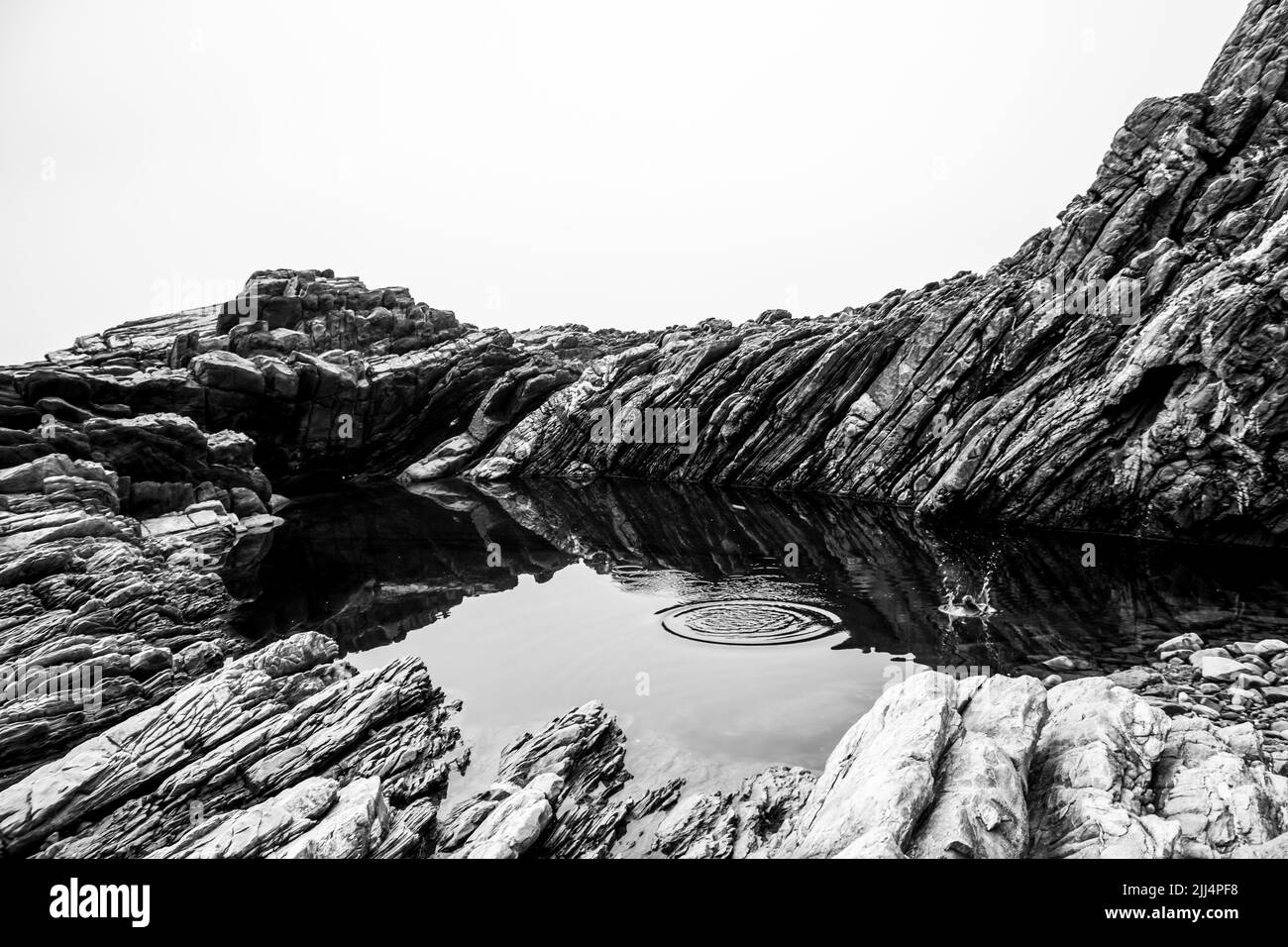 Überspringen von Felsen an einem geschützten, ruhigen Felsenpool zwischen den gekippten, zerklüfteten Felsen der Küste von Tsitsikamma, Südafrika, in Schwarz und Weiß Stockfoto