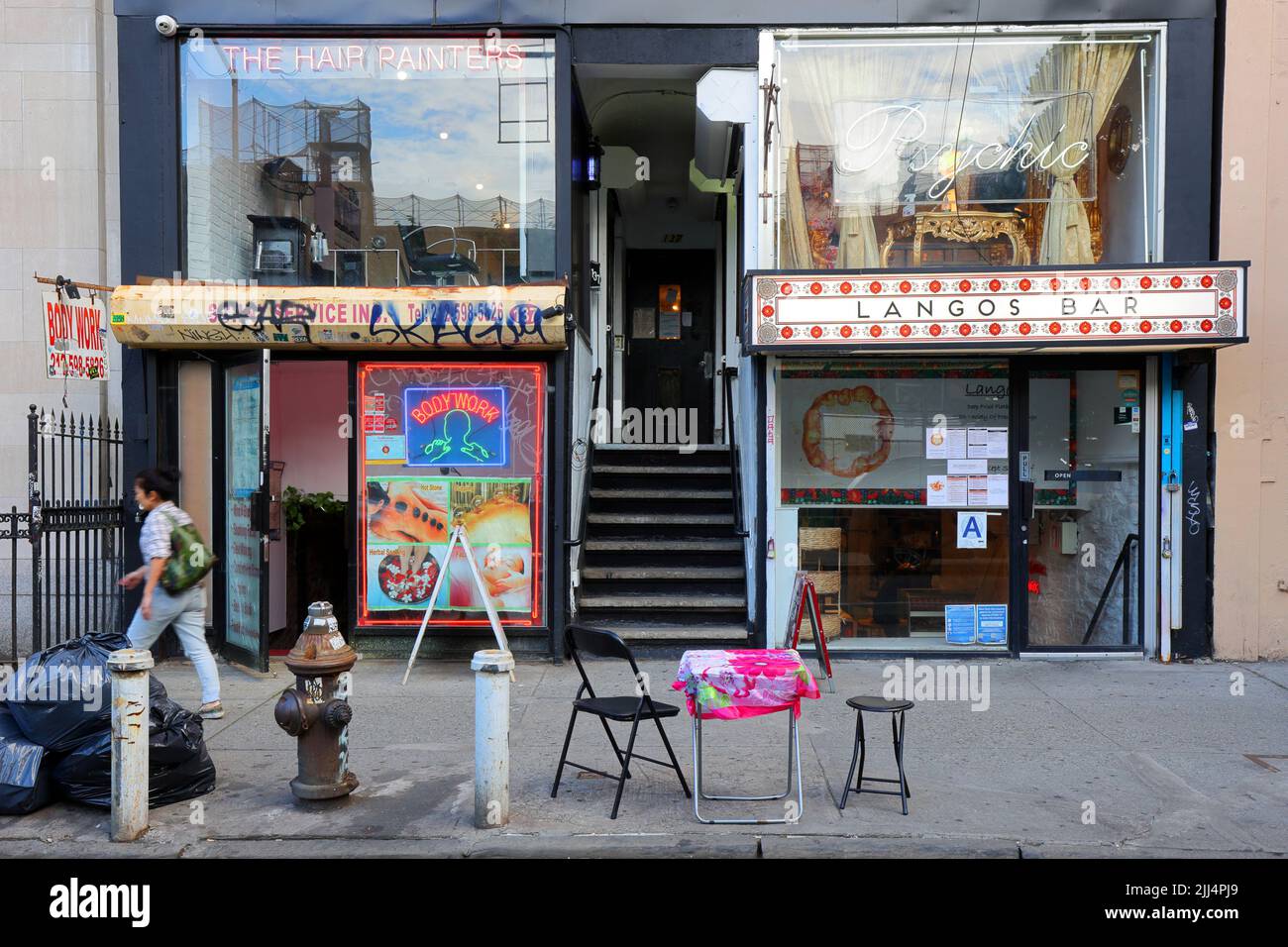 Langos Bar, The Hair Painters, Body Work, 137 Rivington St, New York, NYC Schaufenster Foto von Unternehmen in Manhattans Lower East Side Stockfoto