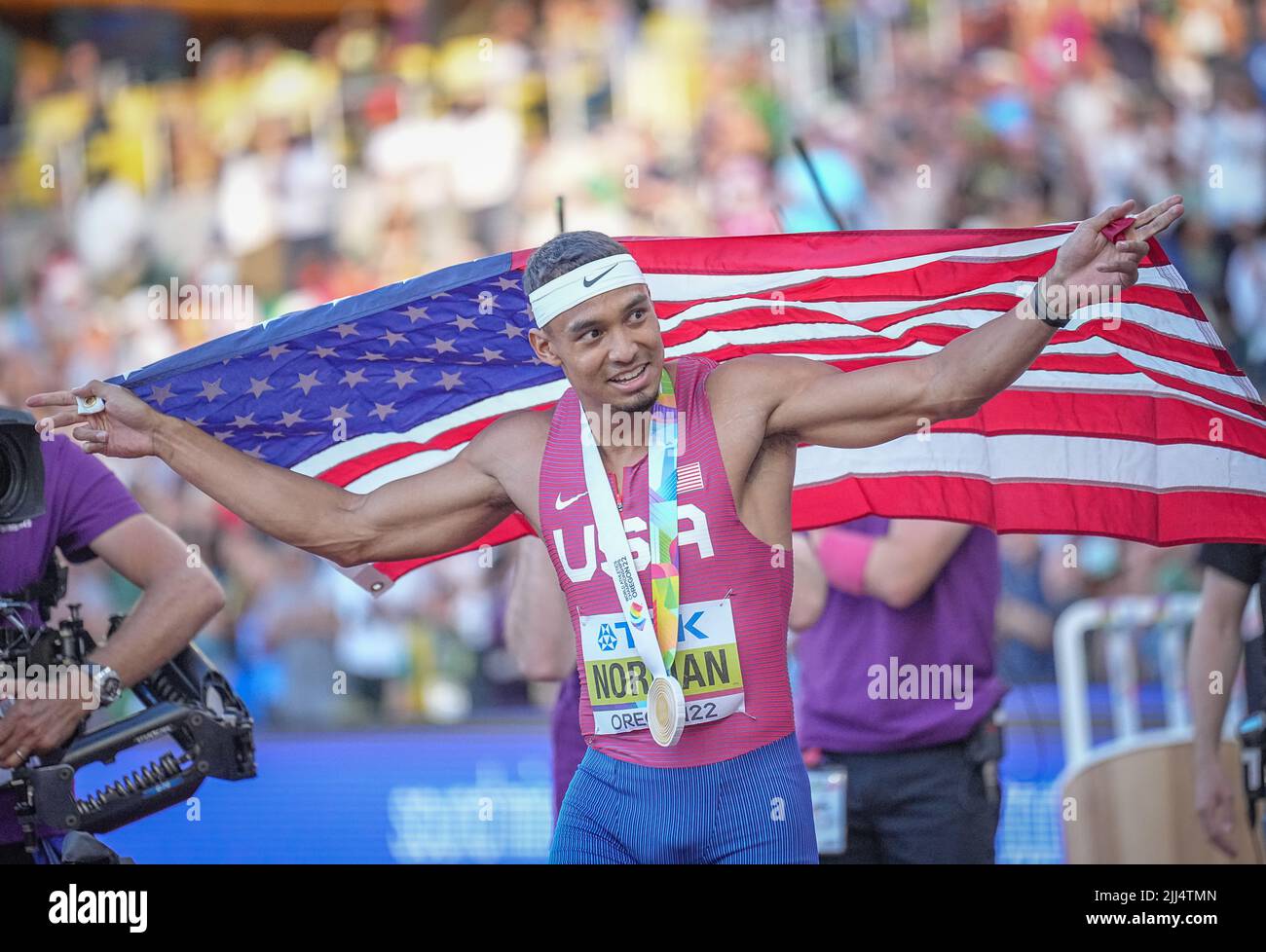 Eugene, USA. 22.. Juli 2022. Leichtathletik: Weltmeisterschaft, 400m, Finale: Michael Norman, USA ist Weltmeister. Quelle: Michael Kappeler/dpa/Alamy Live News Stockfoto