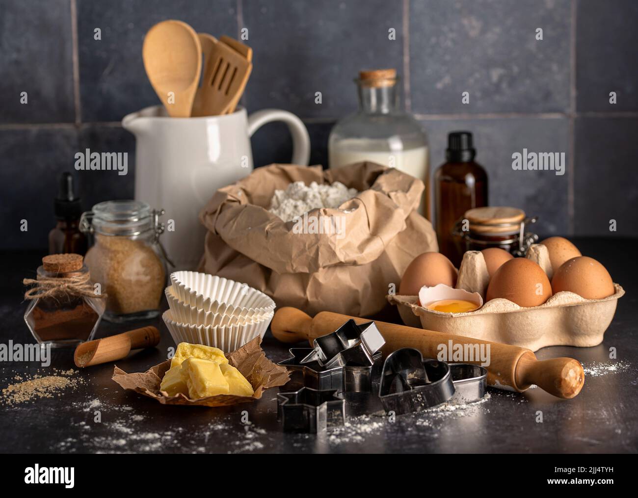 Food Fotografie von Zutaten, Ei, Mehl, Milch, Butter Stockfoto