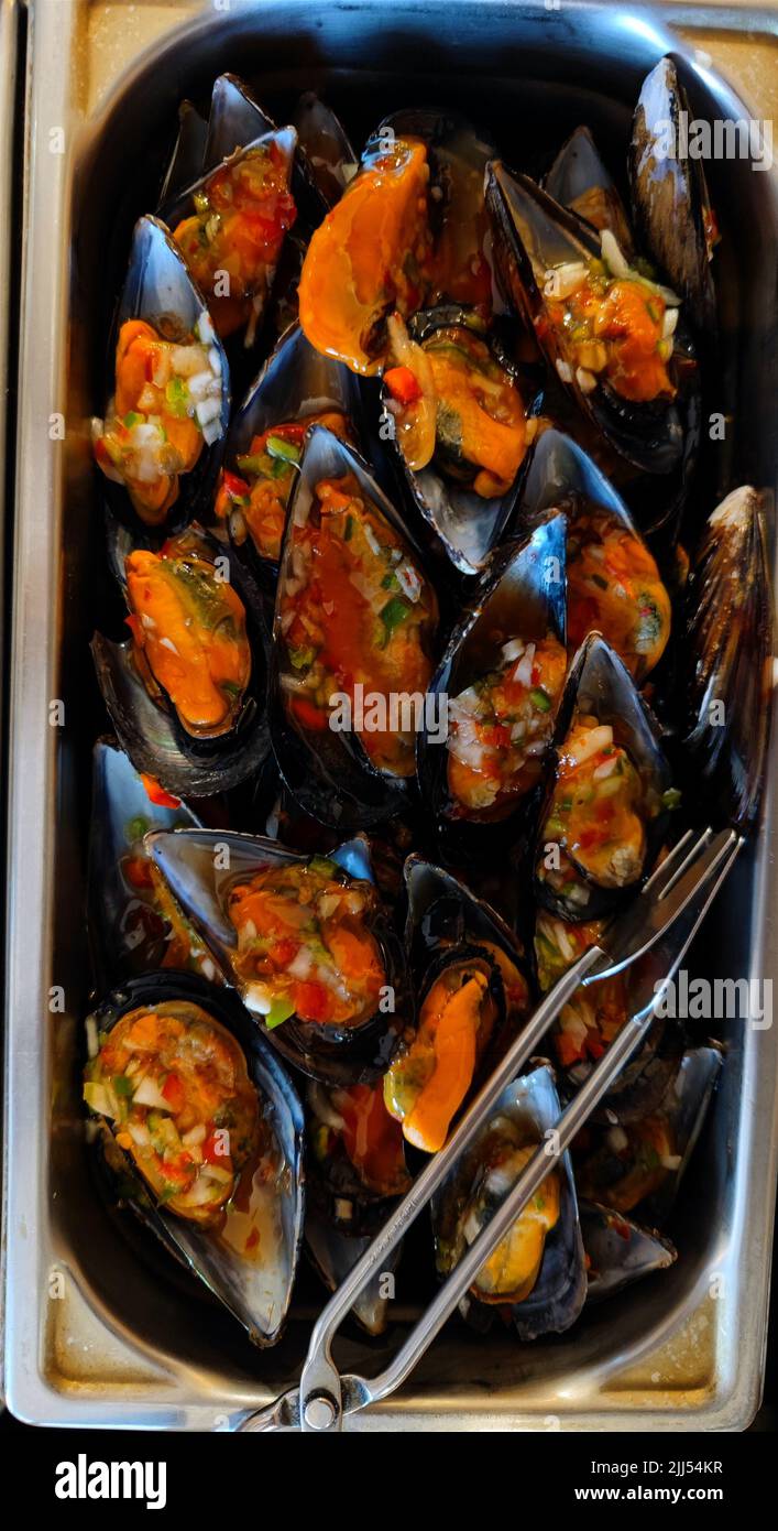 Köstliche Muscheln in einem Kühlbehälter in einem Restaurant Stockfoto