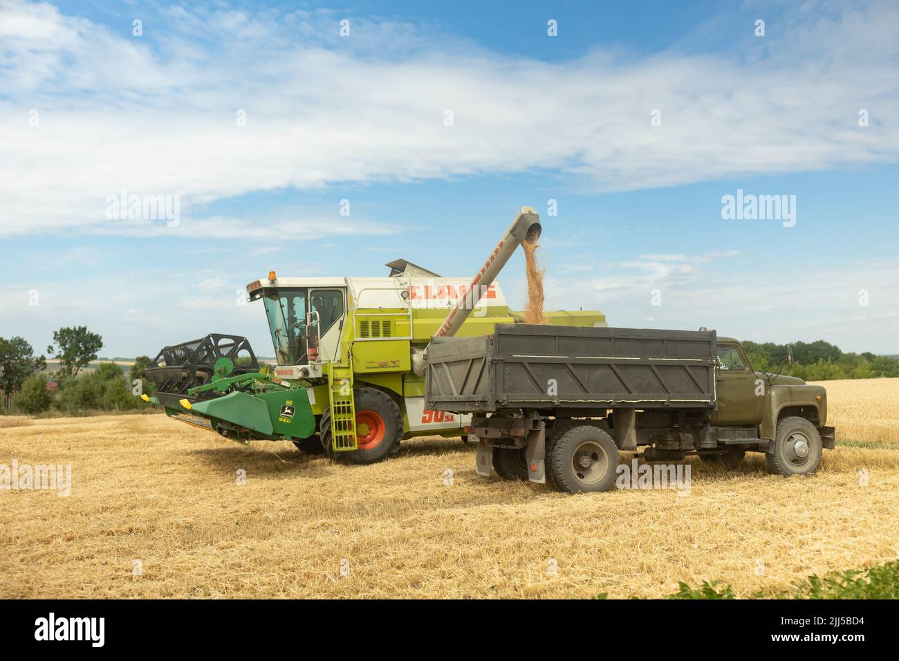 Ukraine, Vartekivzi, 19. Juli 2022. Überladung von Getreide von Mähdreschern in Getreidewagen auf dem Feld. Erntemaschinen-Entlörder Gießen geernteten Weizen in Stockfoto