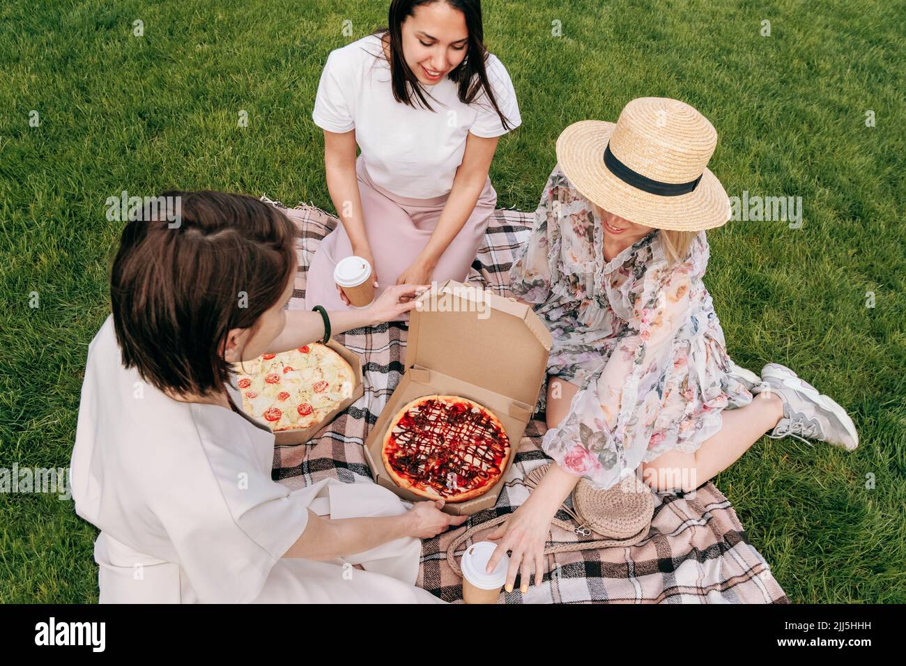 Freunde, die Pizza genießen, sitzen auf einer Picknickdecke im Park Stockfoto