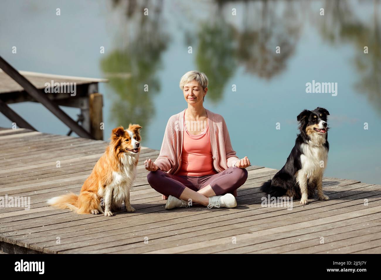 Reife Frau meditiert unter Hunden auf Pier sitzen Stockfoto