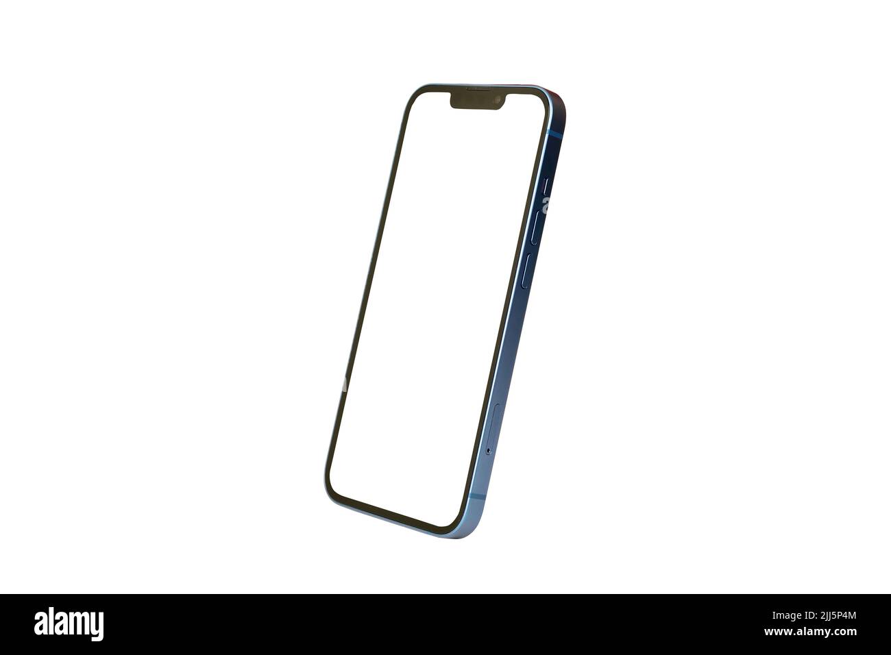 Seitenansicht des leeren Bildschirms Smartphone isoliert auf weißem Hintergrund mit Beschneidungspfad Stockfoto