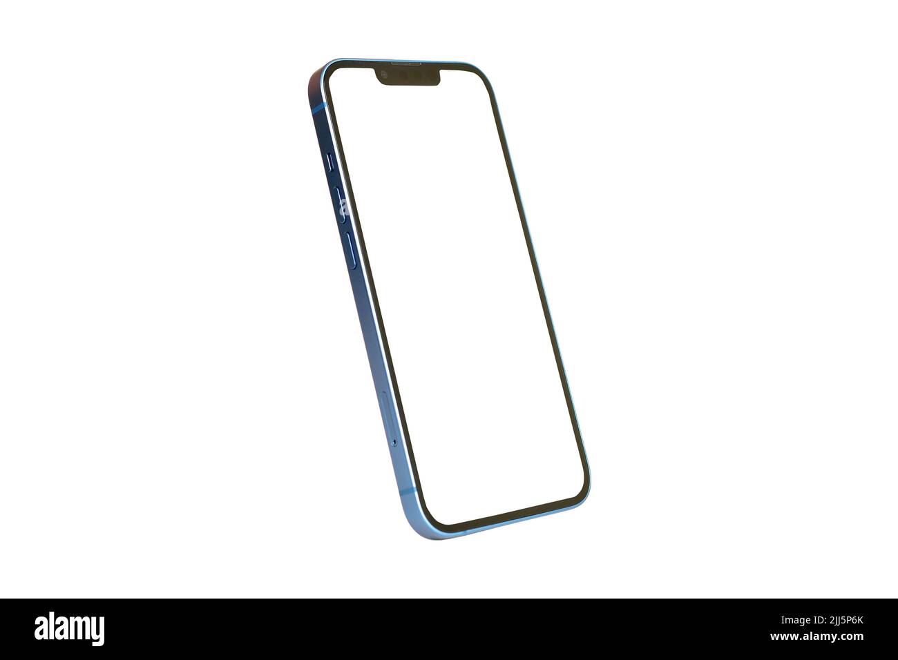 Smartphone mit leerem Bildschirm und neigbarer Ansicht auf weißem Hintergrund mit Beschneidungspfad isoliert Stockfoto