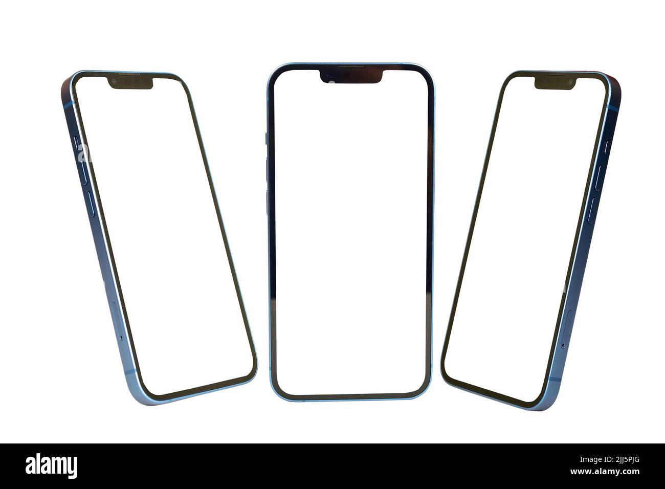 Vorder- und Seitenansicht des leeren Bildschirms iphone 13 mit Beschneidungspfad Stockfoto