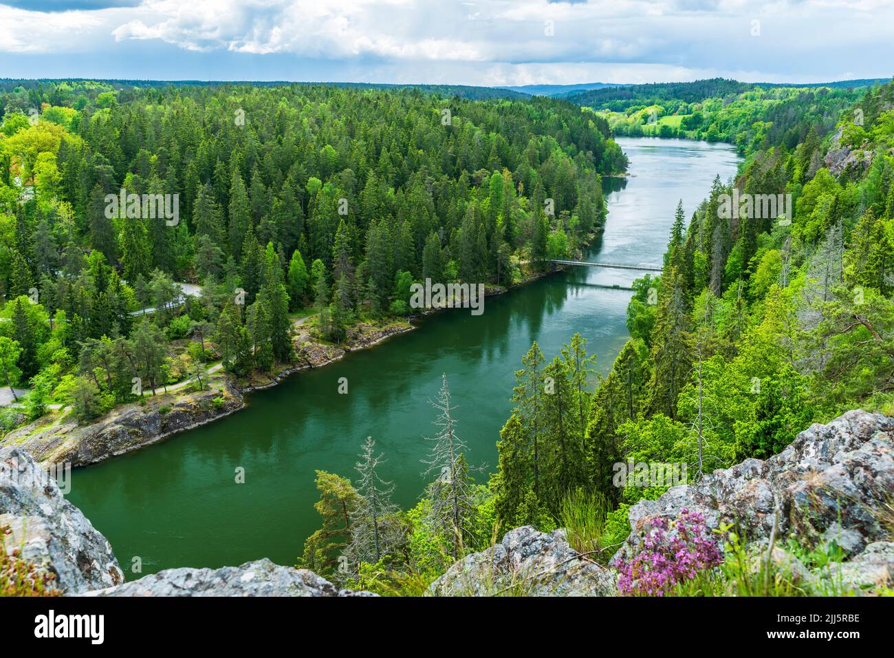 Schweden, Vastra Gotaland County, Panoramasicht auf den Fluss Gota Alv und den umliegenden Wald im Sommer Stockfoto