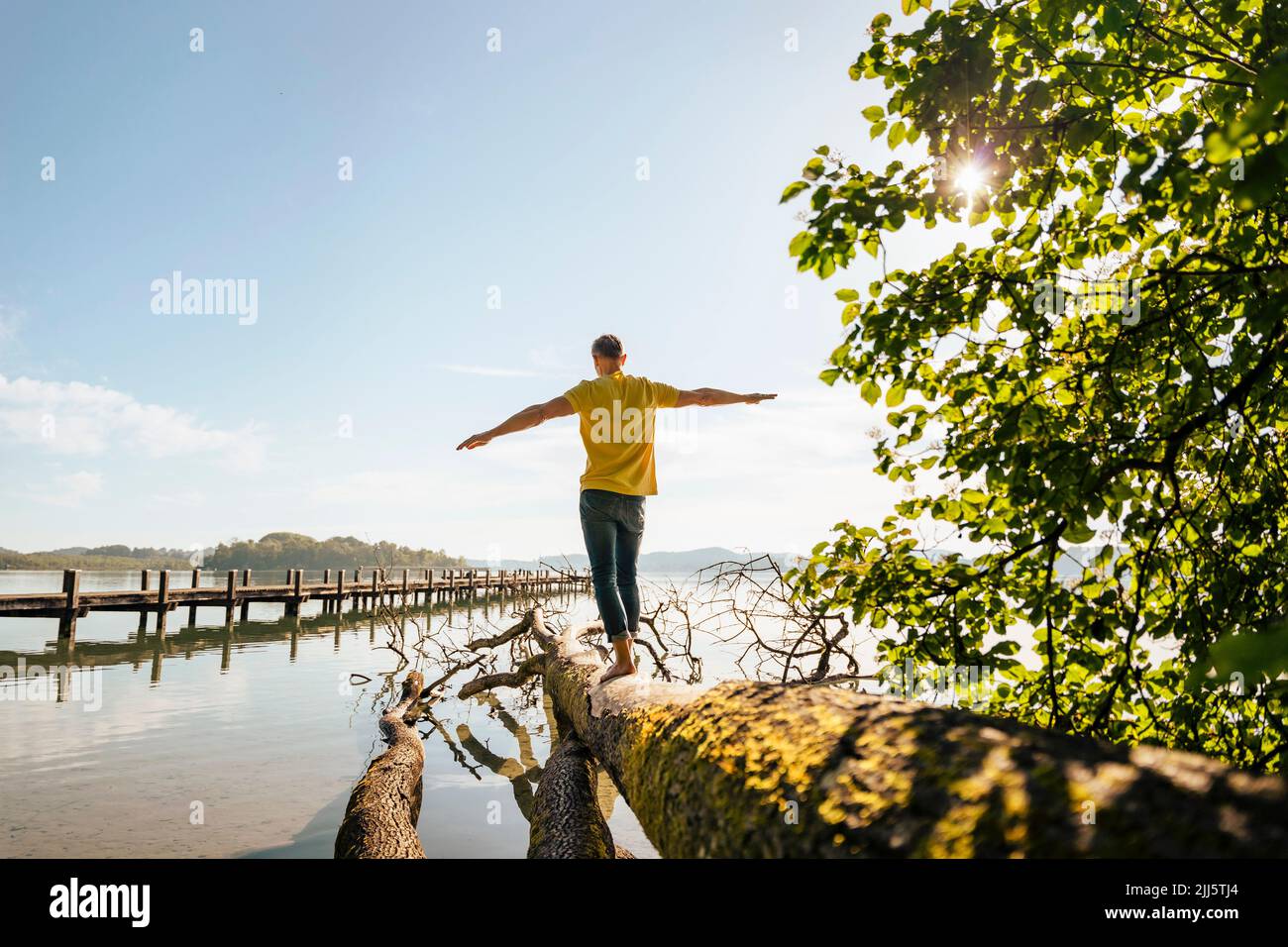 Mann mit ausgestreckten Armen balanciert auf einem umgestürzten Baum am See Stockfoto