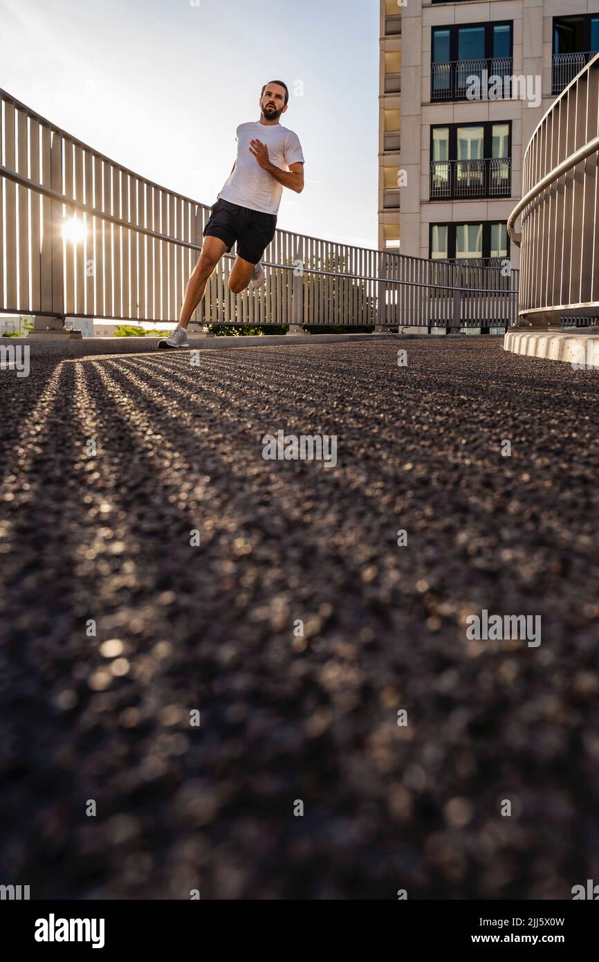 Junger Mann in Sportkleidung joggt auf dem Steg Stockfoto
