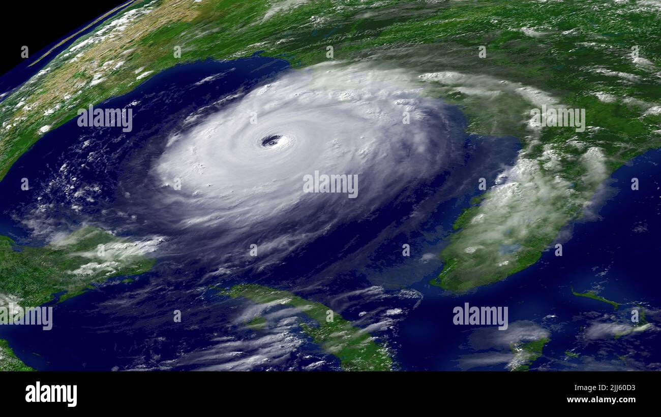 Hurrikan Katrina, ein verheerender Sturm der Kategorie 5, im Golf von Mexiko am 28. August 2005, kurz bevor er am frühen Morgen des 29. August in der Gegend von New Orleans, Louisiana, landeinstürze. (USA) Stockfoto