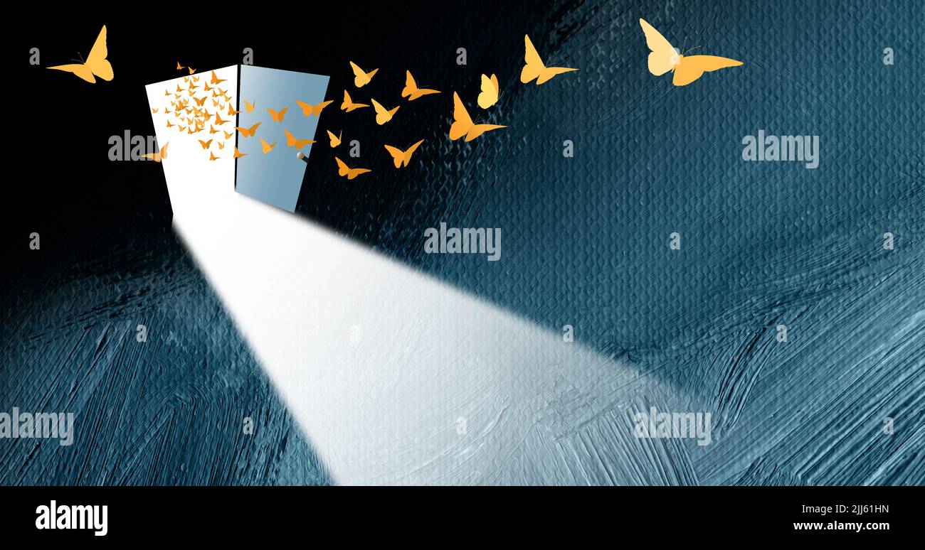 Konzeptuelle Illustration von Schmetterlingen, die auf abstraktem Pinselstrich durch die offene Tür platzen. Für Themen wie Freiheit, Phantasie, Veränderung. Stockfoto