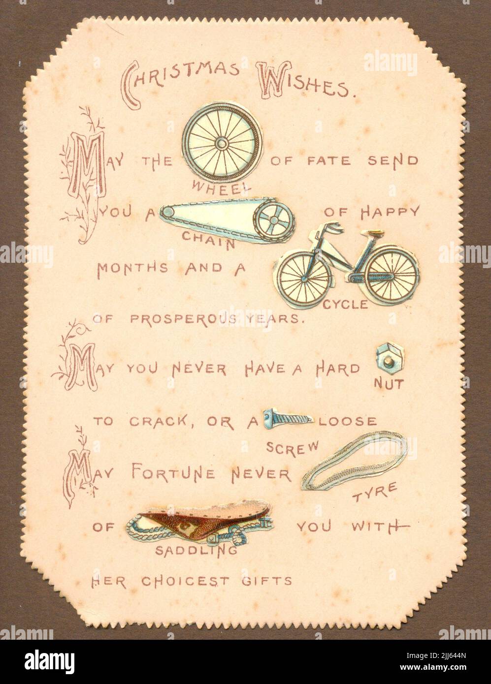 Weihnachtskarte mit gestanzten Fetzen auf dem Fahrrad um 1895 Stockfoto
