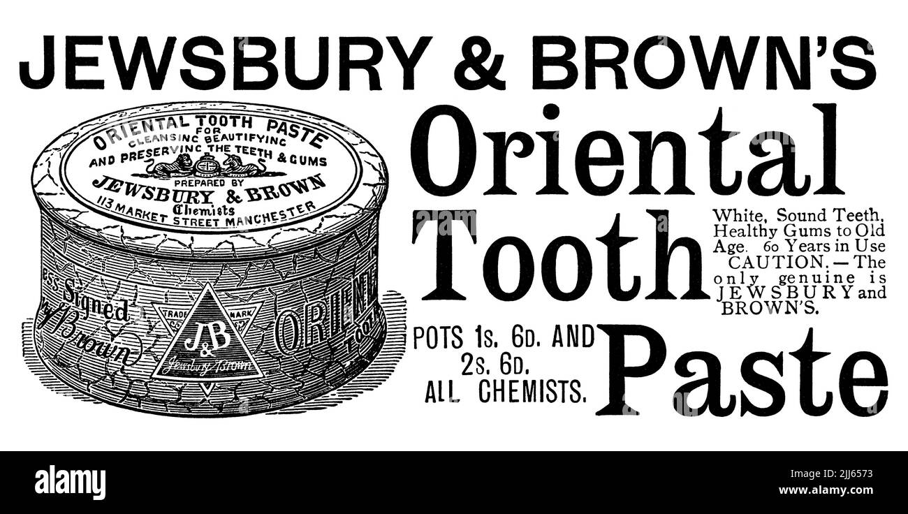 1887 britische Werbung für Jewsbury & Brown's Oriental Toothpaste. Stockfoto