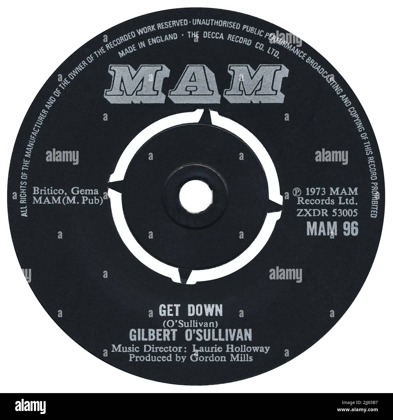 45 RPM 7' UK Pop Label von Get Down von Gilbert O'Sullivan. Geschrieben von Gilbert O'Sullivan, arrangiert von Laurie Holloway und produziert von Gordon Mills. Veröffentlicht im März 1973 auf dem MAM-Label. Stockfoto