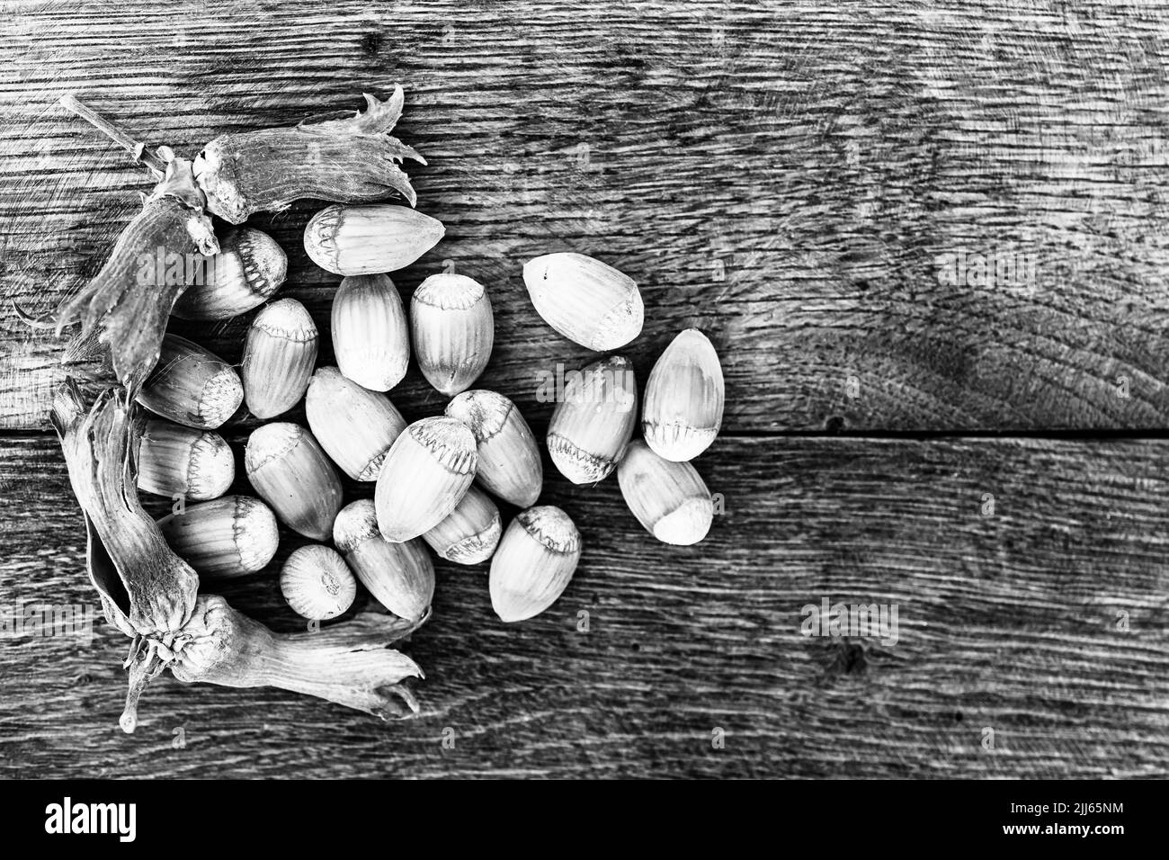 Frische reife rote Haselnüsse auf Holztisch Stockfoto