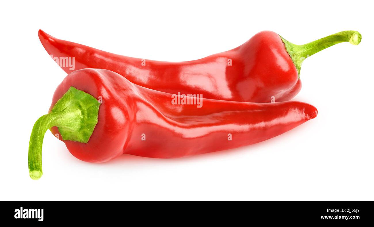 Zwei rote Paprika auf weißem Hintergrund isoliert Stockfoto