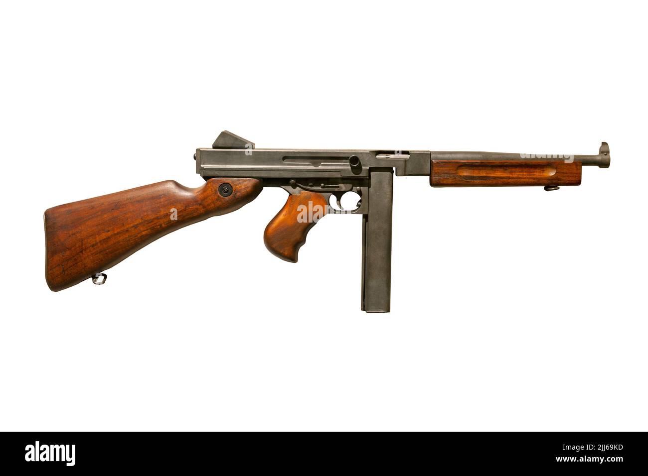 Thompson Maschinengewehr Zweiten Weltkrieg Ära isoliert auf weißem Hintergrund Stockfoto