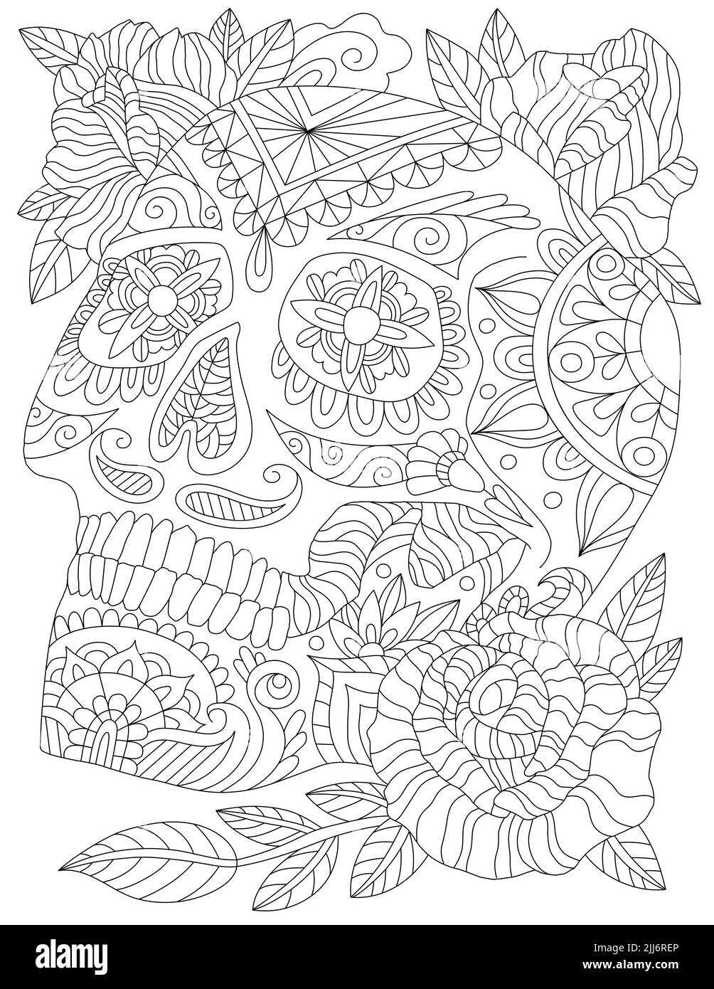 Ein Totenkopf, der mit Blumen in der Seitenansicht verziert ist und nach oben schaut - ideal für Tätowierung, Färbung, Druck, Calavera, Textilien Stockfoto