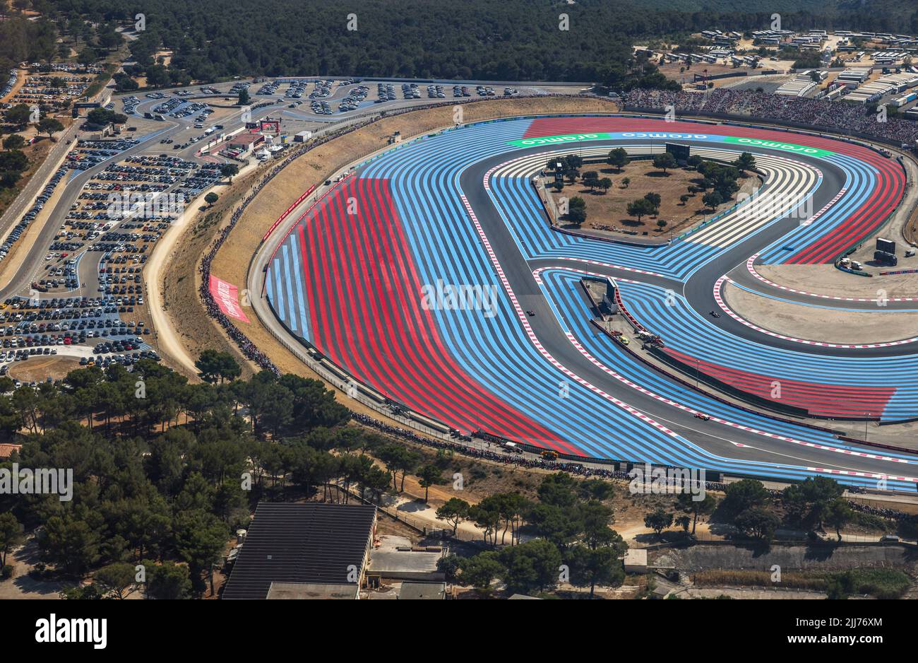 Paul Ricard Rundkurs vom Hubschrauber, Mistral Geraden, Ligne Droite und Schikane während der Formel 1 Lenovo Grand Prix de France, Grand Prix von Frankreich 2022, 12. Runde der FIA Formel 1 Weltmeisterschaft 2022 vom 22. Bis 24. Juli 2022 auf dem Circuit Paul Ricard, in Le Castellet, Frankreich - Foto: Marc De Mattia / Dppi/DPPI/LiveMedia Stockfoto