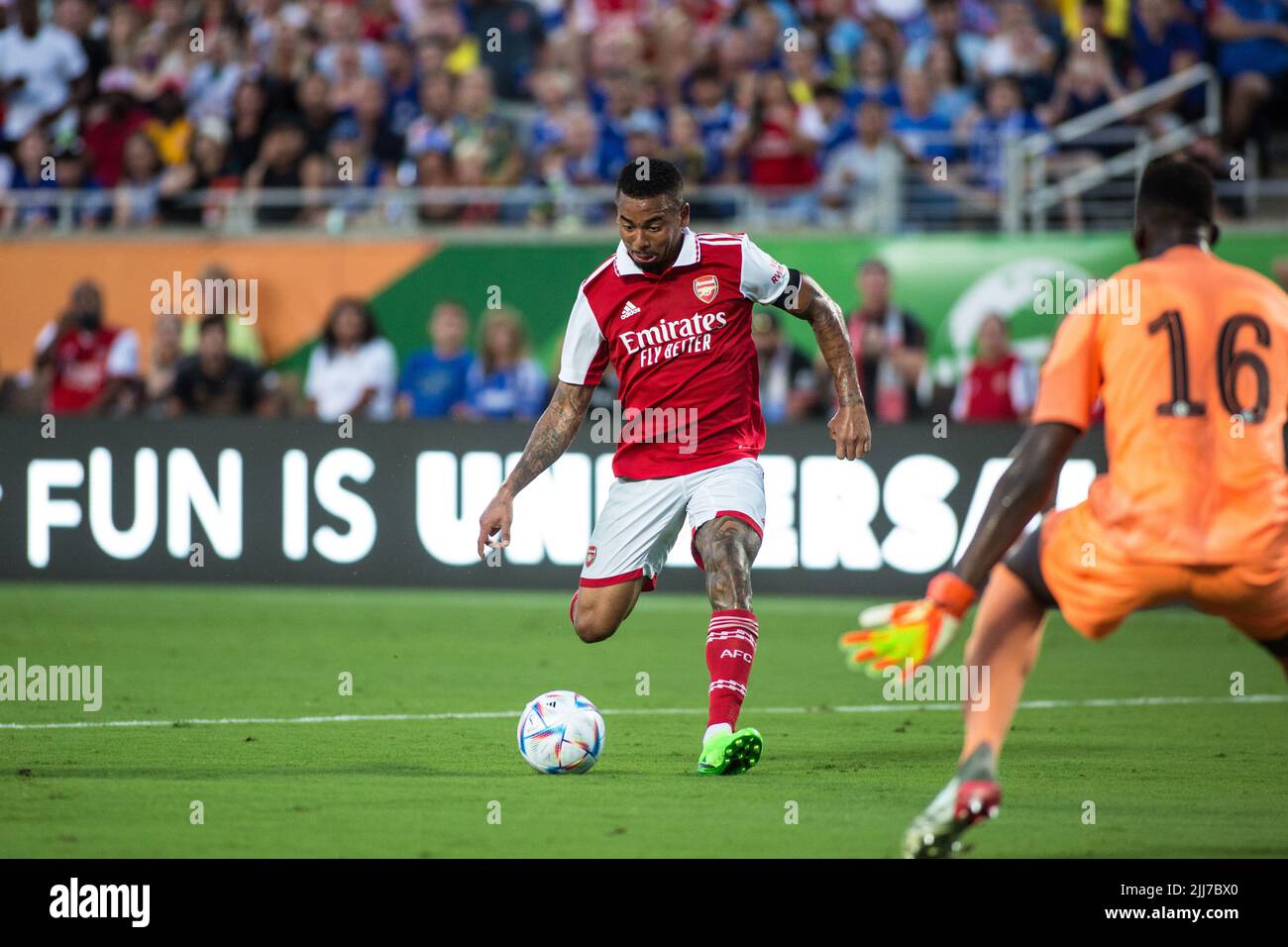 23. Juli 2022: Gabriel Jesus (9), der FC Arsenal, wird während des Florida Cup-Spiels zwischen dem FC Arsenal und dem FC Chelsea Orlando, FL, für einen Torschuss offen. Jonathan Huff/CSM. Stockfoto