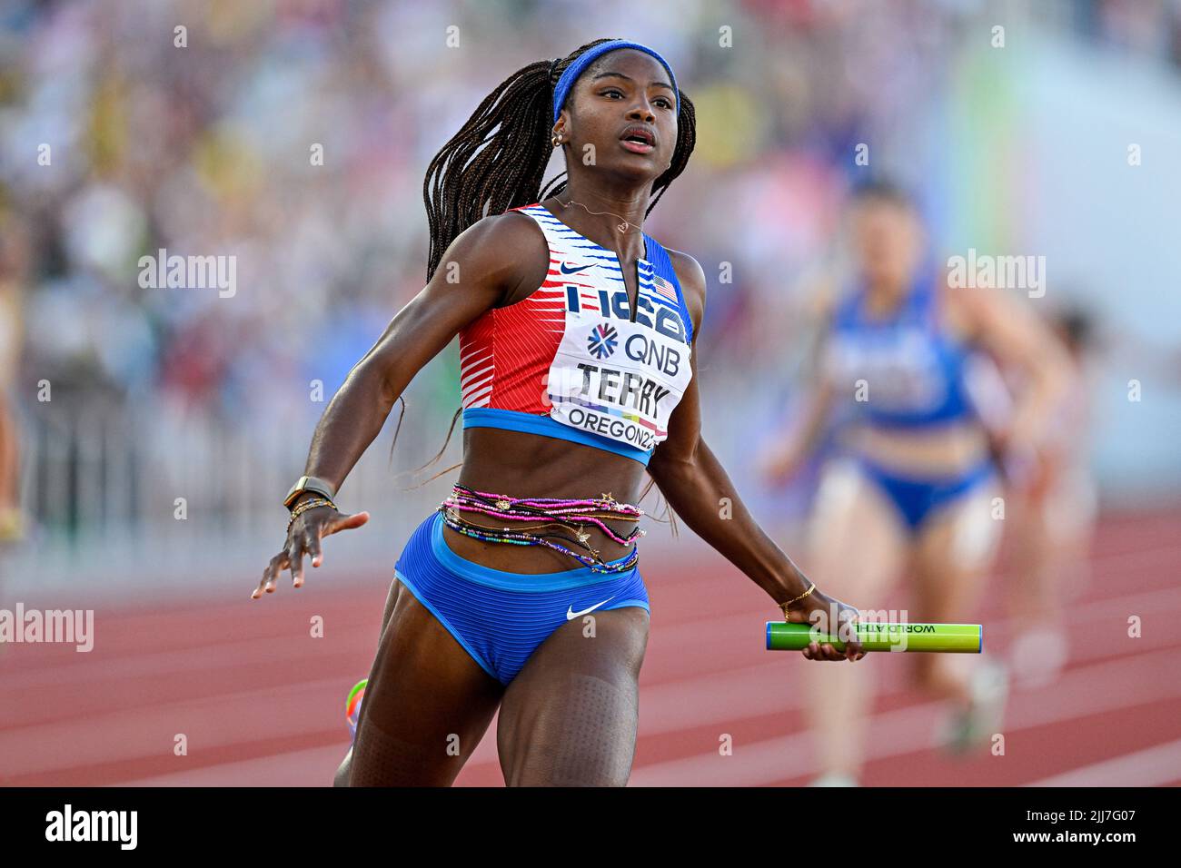 EUGENE, USA - 23. JULI: Twanisha Terry aus den USA tritt während der Leichtathletik-Weltmeisterschaften am 23. Juli 2022 in Eugene, USA, bei der Frauen-Staffel 4x 100m an (Foto: Andy Astfalck/BSR Agency) Atletiekunie Stockfoto