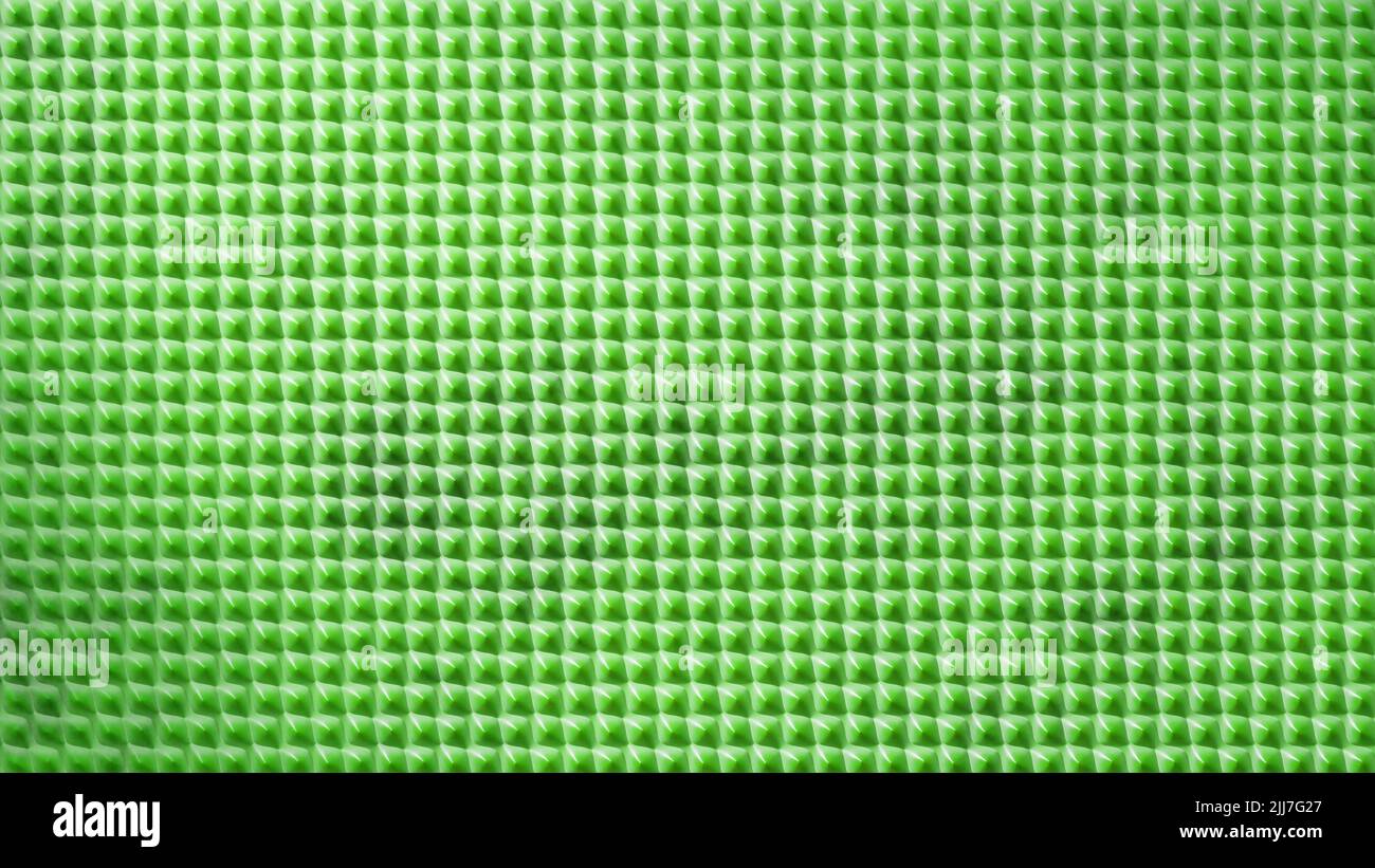 3D Rendern. Spitz zulaufende grüne Karomuster. Spitz zulaufende Oberfläche. Geometrischer abstrakter Hintergrund. Leuchtend grüne geometrische Wabenhintergrund. Vorlage. Strukturierter Kunststoffhintergrund. Stockfoto