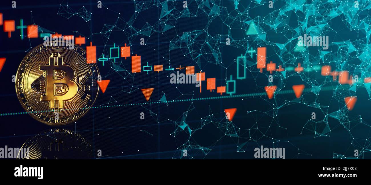 Bitcoin-Aktienwachstum. Das Diagramm zeigt einen starken Anstieg des Bitcoin-Preises. Investitionen in virtuelle Ressourcen. Anlageplattform mit Charts und Bitcoin Stockfoto