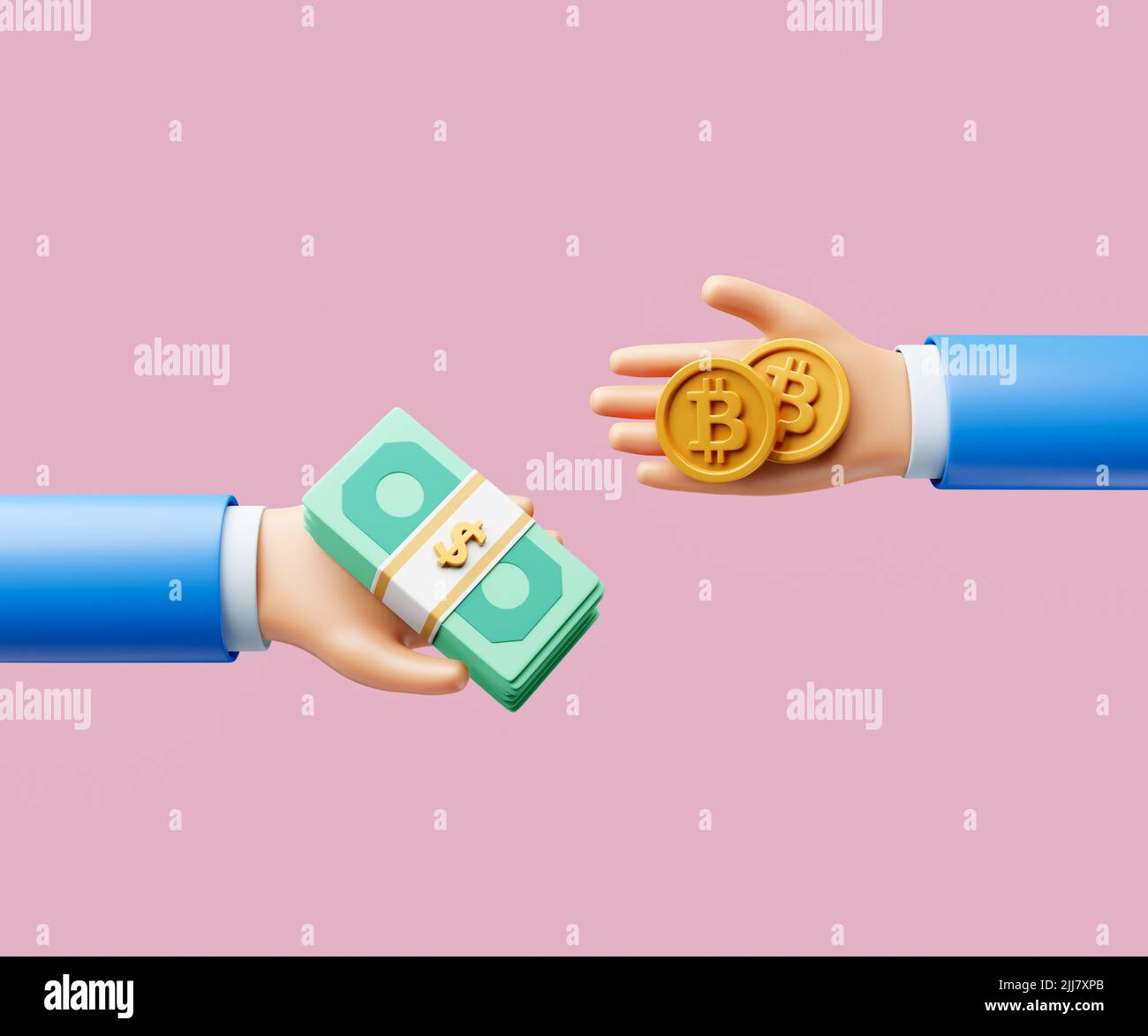3D Cartoon Hand Swap Banknote und Bitcoin für Zahlungskonzept. 3D Abbildung Stockfoto