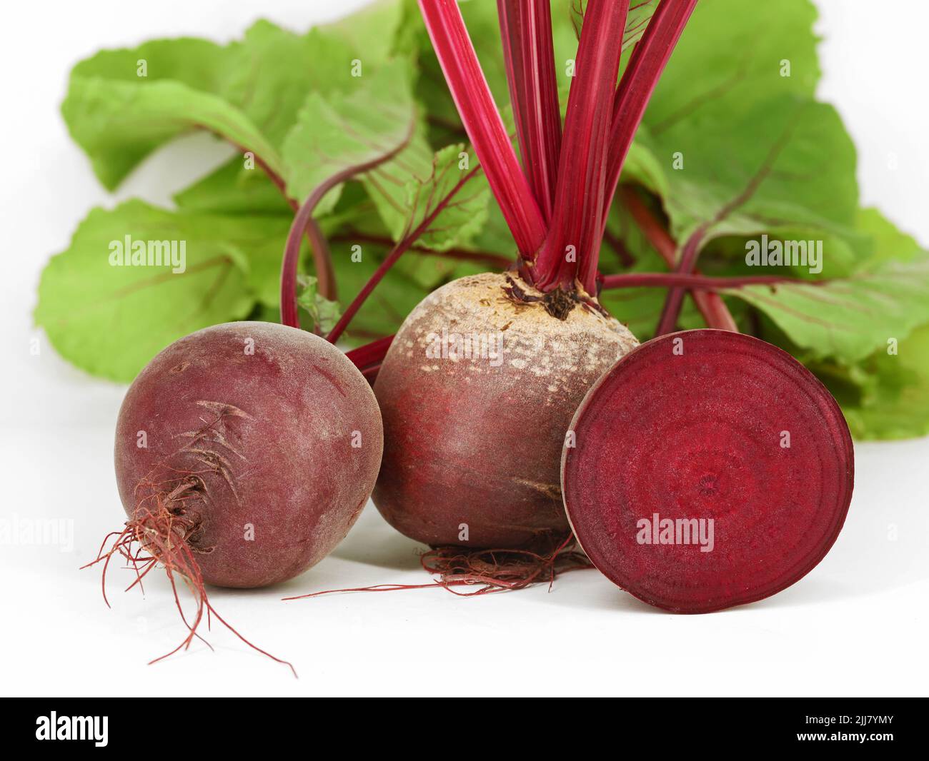 Frische Rote Beete mit Blättern, Beta vulgaris, isoliert auf weißem Grund, gesundes Bio-Wurzelgemüse mit vielen Vitaminen und Mineralstoffen Stockfoto