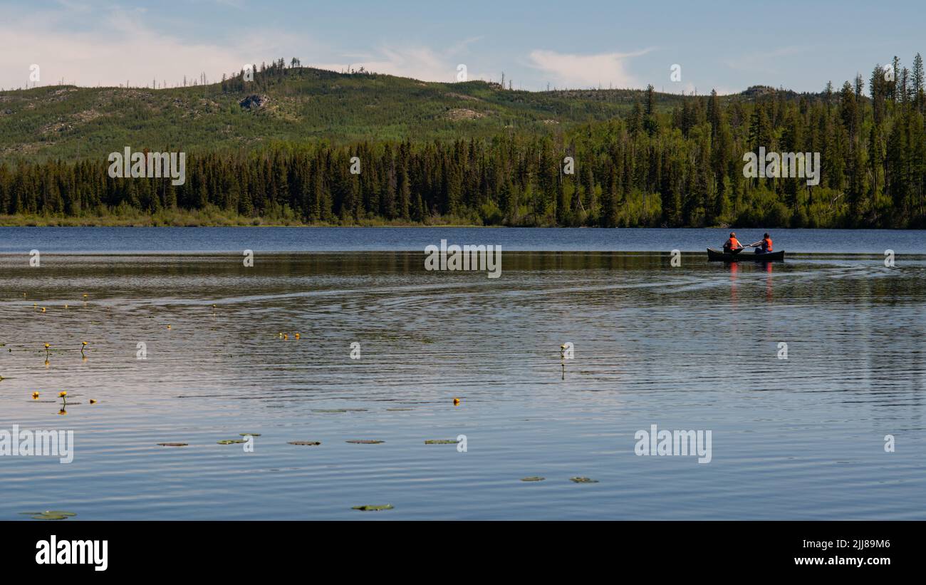 Paddeln in einer Kanufahrt auf einem See in British Columbia, Kanada Stockfoto