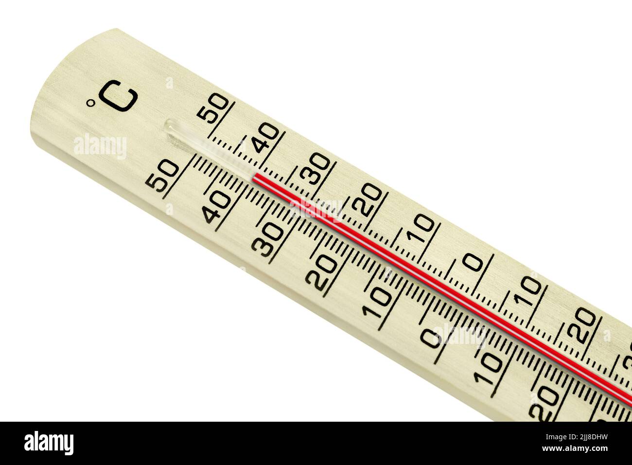 Thermometer aus Holz und Temperatur 40 Grad Celsius auf weissem Hintergrund Stockfoto