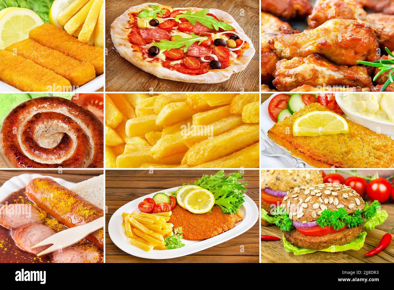 Transfette mit Pizza, Chicken Wings, Fisch, Würstchen, Burger und panierten Koteletten Stockfoto