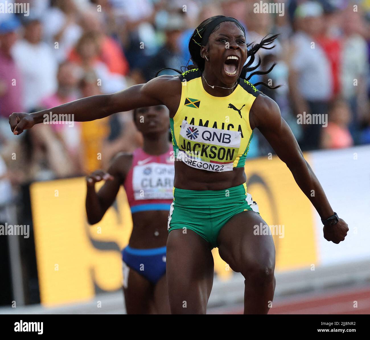 Shericka Jackson aus Jamaika gewinnt die Frauen´s 200 während der Leichtathletik-Weltmeisterschaft 18. in Eugene, Oregon, USA am 21. Juli 2022. Foto von Giuliano Bevilacqua/ABACAPRESS.COM Stockfoto