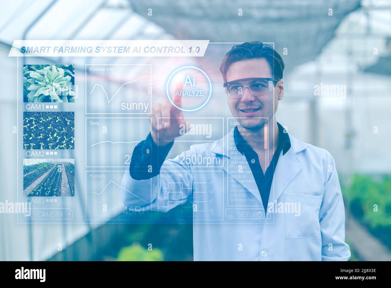 Moderner Landwirt, der fortschrittliche Technologie Smart Farming KI-System verwendet, um die Steuerung der Landwirtschaft Pflanzenfarm zu überwachen.visuelles Hologramm digitale grafische Schnittstelle Ove Stockfoto