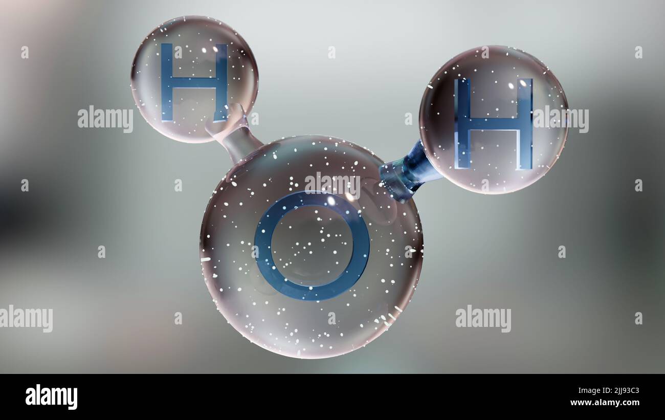 Wassermolekül, Molekulare chemische Formel H2O, geruchlos, Ball and Stick Chemical Structure Model, Macro Liquid Bubbles, 3D Render Stockfoto