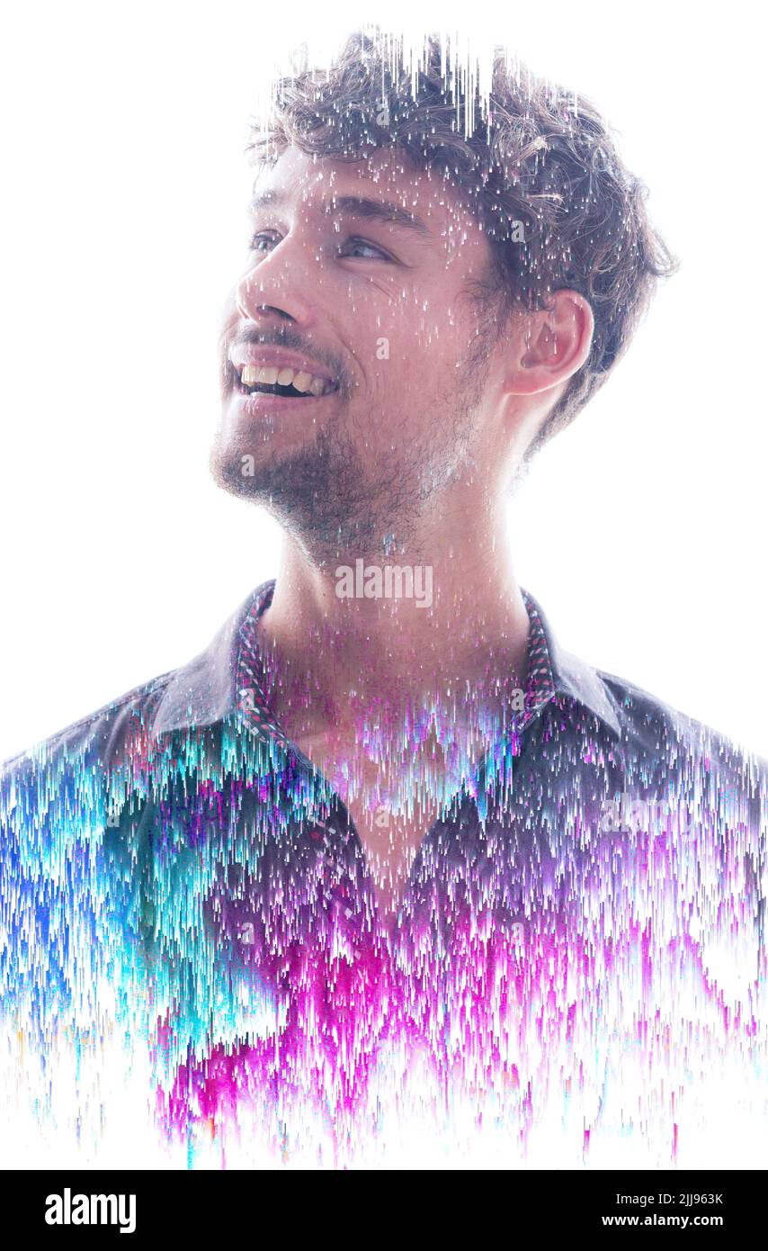 Ein Porträt eines Mannes, der sich in einen Glitch-Effekt auflöst Stockfoto