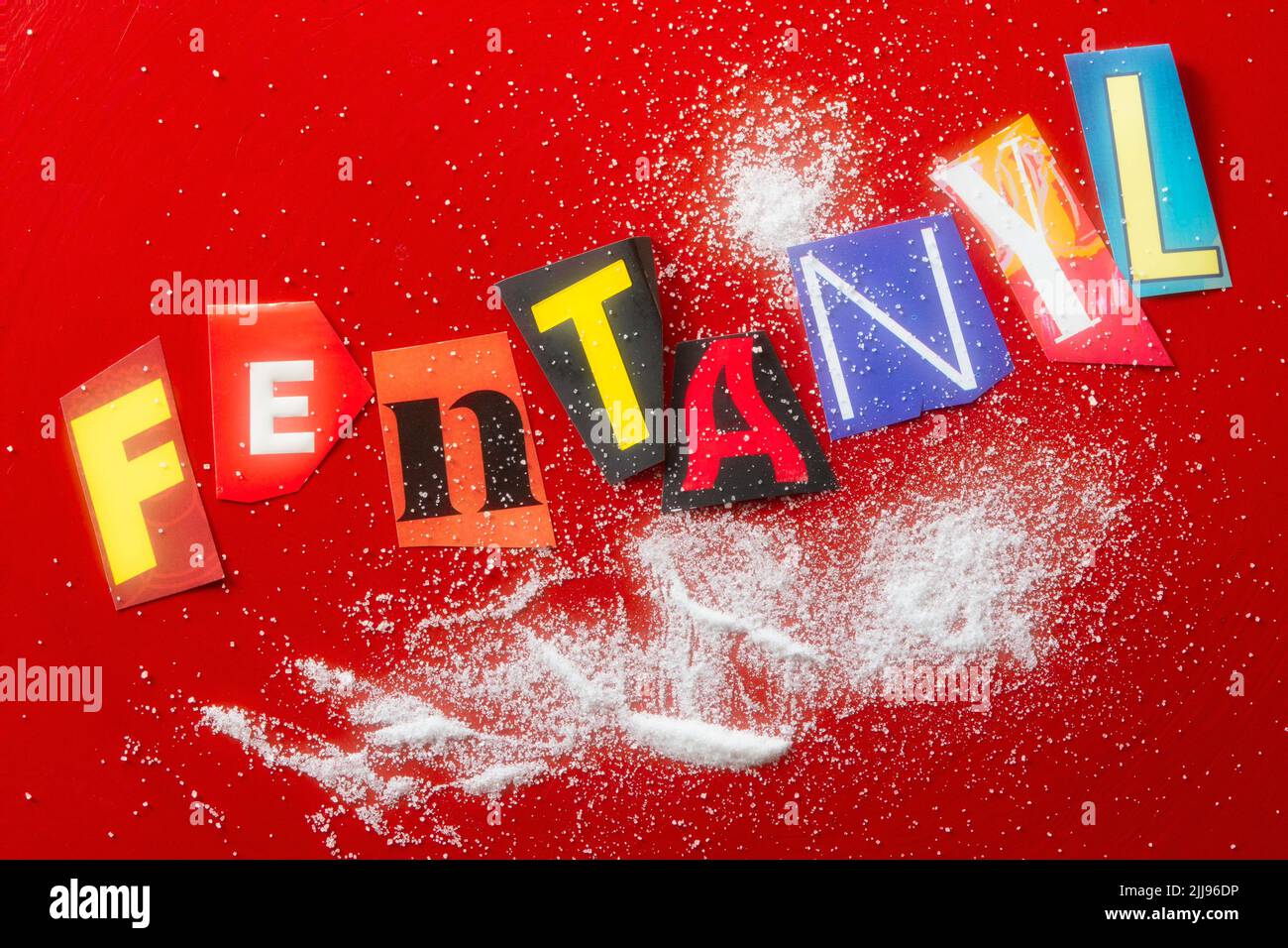 Das Wort 'Fentanyl' wird in der Schrift „Lösegeld Note“, USA, geschrieben Stockfoto