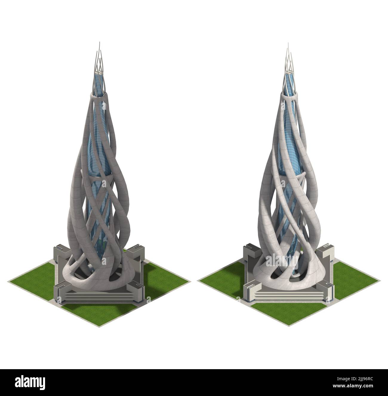 Futuristische Architektur für ein quadratisches gefliestes Spiel, das in dimetrischer Projektion mit einem Verhältnis von 2:1 Pixeln dargestellt wird, mit einer orthographischen Eckkamera von 30 Grad aus dem 2-Winkel Stockfoto