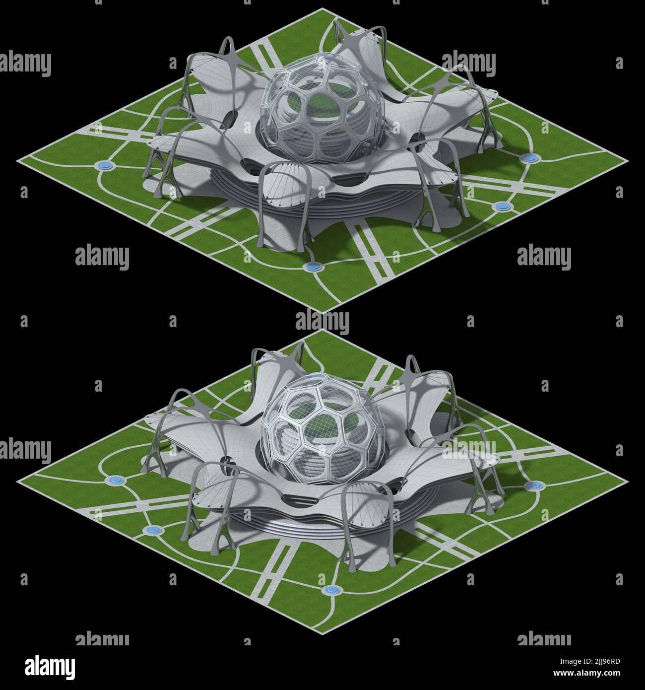 3D futuristische Architekturdarstellung für ein gefliestes Spiel, das in dimetrischer Projektion im 2:1-Pixel-Verhältnis dargestellt wird, mit einer orthographischen 30-Grad-Kamera von 2 ang Stockfoto