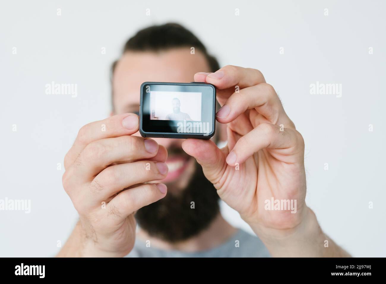 Technologie Video Action Kamera Mann Blog Ausrüstung Stockfoto